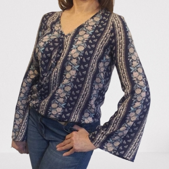 Blue and Pink Boho Floral Blouse - Picture 2 of 9